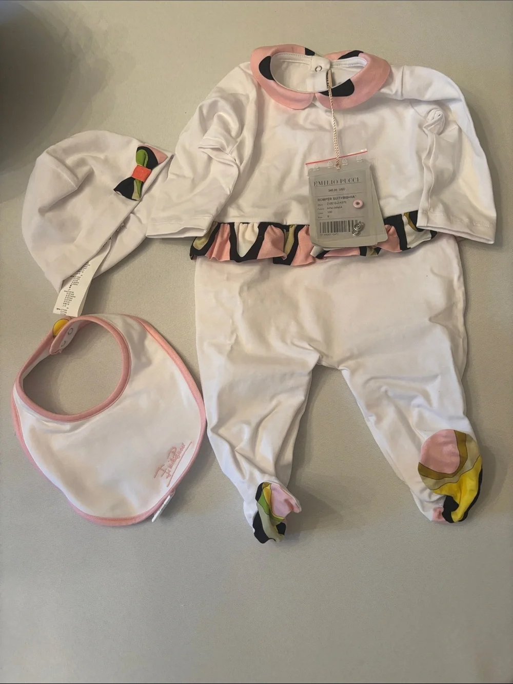 Emilio Pucci White Baby Footed Romper Set with Pink and Multicolor Accents